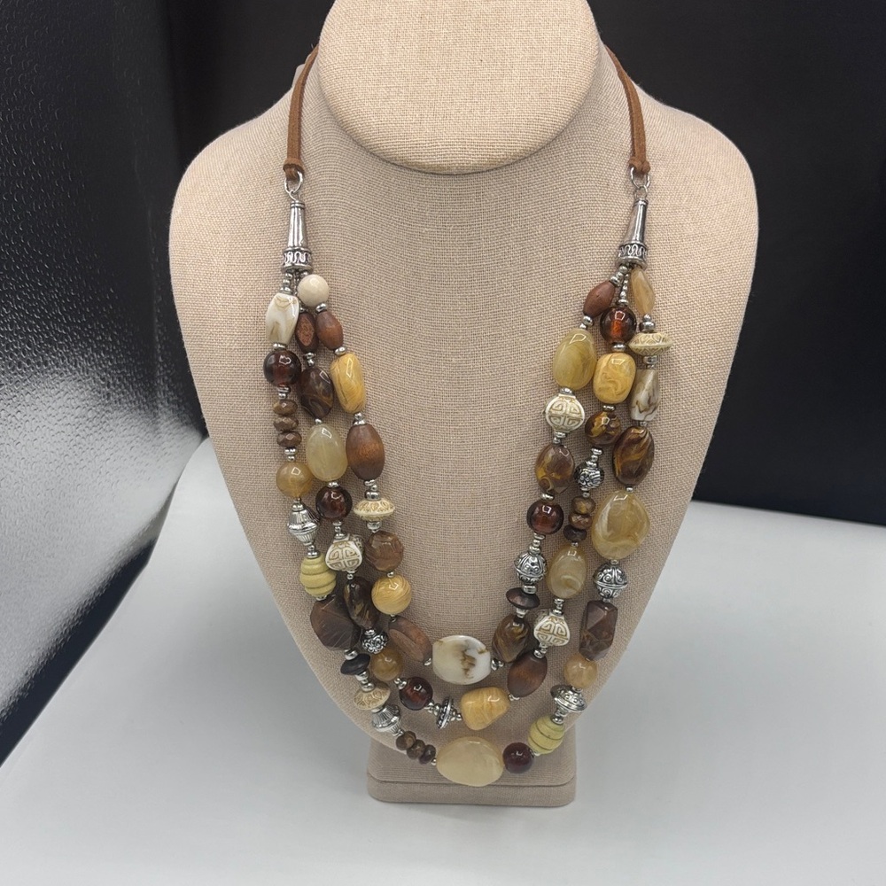 Layered Brown & Yellow Bead Necklace with Silver Accents